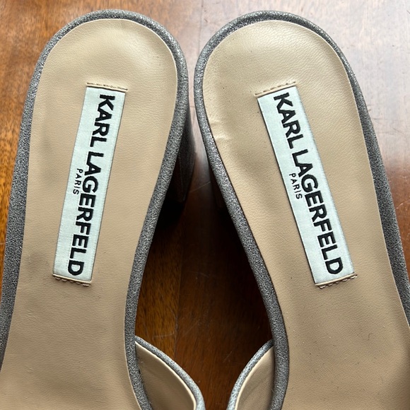 Karl Lagerfeld Henri Bow Pearl Pewter Metallic Suede Block Heel Dress Mules 7.5 - Picture 4 of 11